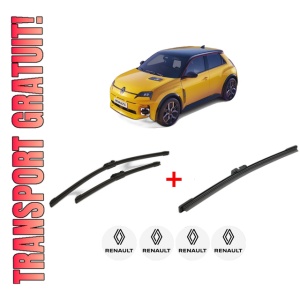Set 3 stergatoare RENAULT 5 E-TECH din 2025, pentru parbriz si luneta fata si spate auto, Bosch Aerotwin, din cauciuc siliconat rezistent, 4 Stickere Auto RENAULT