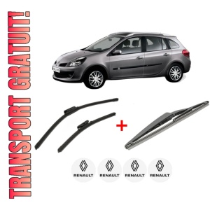 Set 3 stergatoare RENAULT CLIO III Grandtour (KR0/1_) din 2007 - 2014, pentru parbriz si luneta fata si spate auto, Bosch Twin, din cauciuc siliconat rezistent, 4 Stickere Auto RENAULT