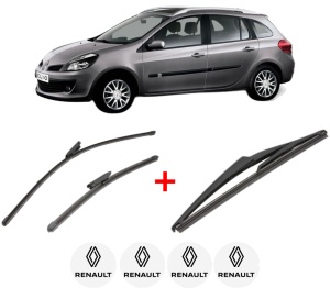 Set 3 stergatoare RENAULT CLIO III Grandtour (KR0/1_) din 2007 - 2014, pentru parbriz si luneta fata si spate auto, Valeo Silencio, din cauciuc siliconat rezistent, 4 Stickere Auto RENAULT v14302