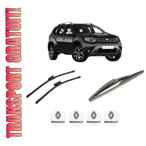Set 3 stergatoare RENAULT DUSTER (HM_) din 2017-2022, pentru parbriz si luneta fata si spate auto, Bosch Twin-Aerotwin, din cauciuc siliconat rezistent, 4 Stickere Auto RENAULT
