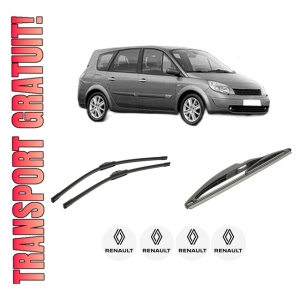 Set 3 stergatoare RENAULT GRAND SCENIC II (JM0/1_) din 2004-2009, pentru parbriz si luneta fata si spate auto, Bosch Twin-Aerotwin, din cauciuc siliconat rezistent, 4 Stickere Auto RENAULT