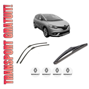 Set 3 stergatoare RENAULT GRAND SCENIC IV (R9_) din 2016-2023, pentru parbriz si luneta fata si spate auto, Bosch Twin-Aerotwin, din cauciuc siliconat rezistent, 4 Stickere Auto RENAULT