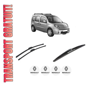 Set 3 stergatoare RENAULT KANGOO / GRAND KANGOO II (KW0/1_) din 2008-2019, pentru parbriz si luneta fata si spate auto, Bosch Twin-Aerotwin Retrofit, din cauciuc siliconat rezistent, 4 Stickere Auto RENAULT