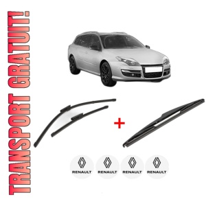 Set 3 stergatoare RENAULT LAGUNA III Grandtour (KT0/1) din 2007 - 2015, pentru parbriz si luneta fata si spate auto, Valeo Silencio, din cauciuc siliconat rezistent, 4 Stickere Auto RENAULT