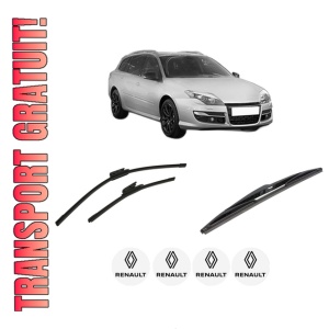 Set 3 stergatoare RENAULT LAGUNA III Grandtour (KT0/1) din 2007-2015, pentru parbriz si luneta fata si spate auto, Bosch Twin-Aerotwin, din cauciuc siliconat rezistent, 4 Stickere Auto RENAULT