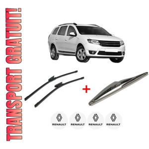 Set 3 stergatoare RENAULT LOGAN II Estate (K8_) din 2013 - 2020, pentru parbriz si luneta fata si spate auto, Bosch Twin, din cauciuc siliconat rezistent, 4 Stickere Auto RENAULT