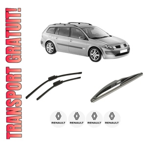 Set 3 stergatoare RENAULT MEGANE II Estate (KM0/1_) din 2003-2011, pentru parbriz si luneta fata si spate auto, Bosch Twin-Aerotwin, din cauciuc siliconat rezistent, 4 Stickere Auto RENAULT