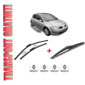 Set 3 stergatoare RENAULT MEGANE II Hatchback Van (KM0/2_) din 2003 - 2009, pentru parbriz si luneta fata si spate auto, Valeo Silencio, din cauciuc siliconat rezistent, 4 Stickere Auto RENAULT