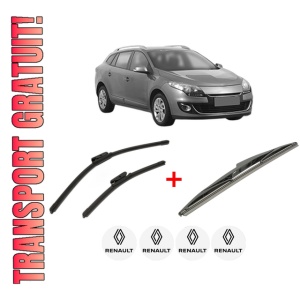 Set 3 stergatoare RENAULT MEGANE III Combi Van (KZ0/1) din 2009 - 2015, pentru parbriz si luneta fata si spate auto, Bosch Twin, din cauciuc siliconat rezistent, 4 Stickere Auto RENAULT