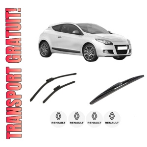 Set 3 stergatoare RENAULT MEGANE III Coupe (DZ0/1_) din 2008-2016, pentru parbriz si luneta fata si spate auto, Bosch Twin-Aerotwin, din cauciuc siliconat rezistent, 4 Stickere Auto RENAULT
