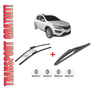 Set 3 stergatoare RENAULT SANDERO/STEPWAY II (B8_) din 2013, pentru parbriz si luneta fata si spate auto, Valeo Silencio, din cauciuc siliconat rezistent, 4 Stickere Auto RENAULT