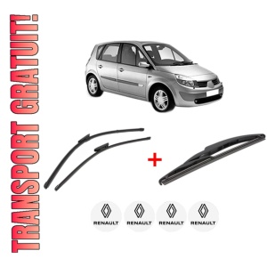 Set 3 stergatoare RENAULT SCENIC II (JM0/1_) din 2003 - 2009, pentru parbriz si luneta fata si spate auto, Valeo Silencio, din cauciuc siliconat rezistent, 4 Stickere Auto RENAULT - Img 1