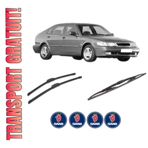 Set 3 stergatoare SAAB 9-3 (YS3D) din 1998-2002, pentru parbriz si luneta fata si spate auto, Bosch Twin-Aerotwin Retrofit, din cauciuc siliconat rezistent, 4 Stickere Auto SAAB
