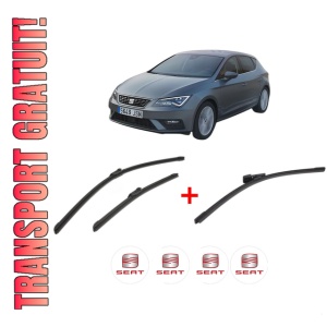 Set 3 stergatoare SEAT LEON Hatchback Van (5F1) din 2017 - 2018, pentru parbriz si luneta fata si spate auto, Bosch Aerotwin, din cauciuc siliconat rezistent, 4 Stickere Auto SEAT