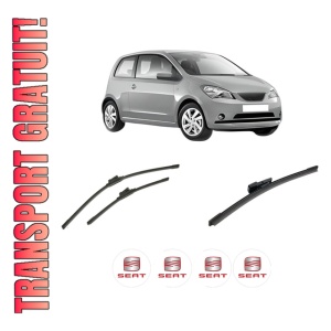 Set 3 stergatoare SEAT Mii (KF1, KE1) din 2011-2020, pentru parbriz si luneta fata si spate auto, Bosch Aerotwin-Aerotwin, din cauciuc siliconat rezistent, 4 Stickere Auto SEAT