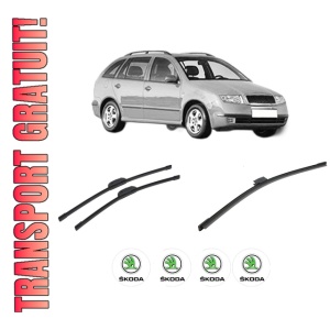 Set 3 stergatoare SKODA FABIA I Combi (6Y5) din 2000-2007, pentru parbriz si luneta fata si spate auto, Bosch Aerotwin-Aerotwin Retrofit, din cauciuc siliconat rezistent, 4 Stickere Auto SKODA