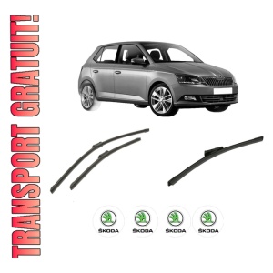 Set 3 stergatoare SKODA FABIA IV (PJ3) din 2021-2024, pentru parbriz si luneta fata si spate auto, Bosch Aerotwin-Aerotwin, din cauciuc siliconat rezistent, 4 Stickere Auto SKODA