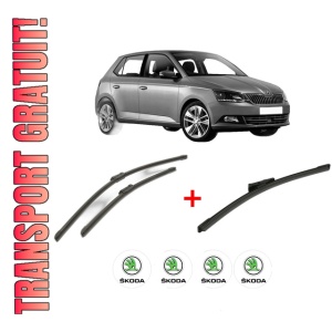 Set 3 stergatoare SKODA FABIA IV (PJ3) din 2024, pentru parbriz si luneta fata si spate auto, Bosch Aerotwin, din cauciuc siliconat rezistent, 4 Stickere Auto SKODA