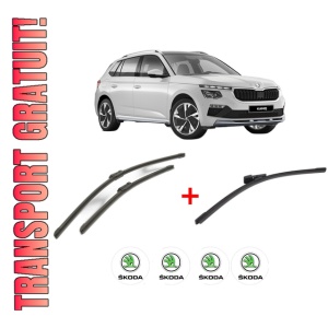 Set 3 stergatoare SKODA KAMIQ (NW4) din 2019, pentru parbriz si luneta fata si spate auto, Bosch Aerotwin, din cauciuc siliconat rezistent, 4 Stickere Auto SKODA