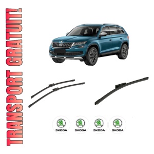 Set 3 stergatoare SKODA KODIAQ I (NS6, NS7, NV7) din 2016-2021, pentru parbriz si luneta fata si spate auto, Bosch Aerotwin-Aerotwin, din cauciuc siliconat rezistent, 4 Stickere Auto SKODA