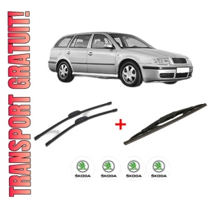 Set 3 stergatoare SKODA Octavia I Combi (1U5) din 1998 - 2010, pentru parbriz si luneta fata si spate auto, Bosch Twin, din cauciuc siliconat rezistent, 4 Stickere Auto SKODA
