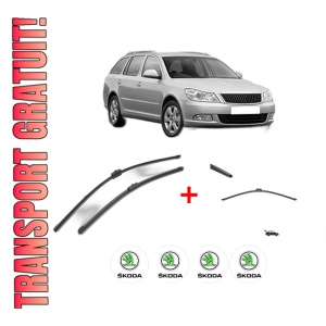 Set 3 stergatoare SKODA Octavia II Combi (1Z5) din 2004 - 2013, pentru parbriz si luneta fata si spate auto, Valeo Silencio, din cauciuc siliconat rezistent, 4 Stickere Auto SKODA
