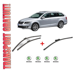 Set 3 stergatoare SKODA Octavia III Combi (5E5, 5E6) din 2012 - 2020, pentru parbriz si luneta fata si spate auto, Valeo Silencio Xtrm, din cauciuc siliconat rezistent, 4 Stickere Auto SKODA
