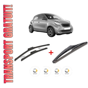 Set 3 stergatoare SMART FORFOUR Hatchback (453) din 2014, pentru parbriz si luneta fata si spate auto, Bosch Twin, din cauciuc siliconat rezistent, 4 Stickere Auto SMART