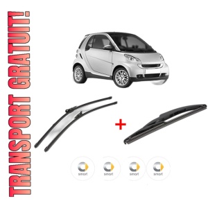 Set 3 stergatoare SMART FORTWO Coupe (451) din 2007 - 2012, pentru parbriz si luneta fata si spate auto, Valeo Silencio, din cauciuc siliconat rezistent, 4 Stickere Auto SMART