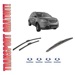Set 3 stergatoare SSANGYONG KORANDO VAN din 2015, pentru parbriz si luneta fata si spate auto, Bosch Twin-Aerotwin Retrofit, din cauciuc siliconat rezistent, 4 Stickere Auto SSANGYONG