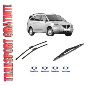 Set 3 stergatoare SSANGYONG RODIUS I din 2005-2007, pentru parbriz si luneta fata si spate auto, Bosch Twin-Aerotwin Retrofit, din cauciuc siliconat rezistent, 4 Stickere Auto SSANGYONG
