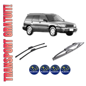 Set 3 stergatoare SUBARU FORESTER (SF_) din 1997-2002, pentru parbriz si luneta fata si spate auto, Bosch Twin-Aerotwin Retrofit, din cauciuc siliconat rezistent, 4 Stickere Auto SUBARU