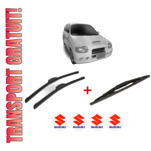Set 3 stergatoare SUZUKI ALTO V (HA12_, HA23_, HA22_) din 2000 - 2002, pentru parbriz si luneta fata si spate auto, Bosch Twin, din cauciuc siliconat rezistent, 4 Stickere Auto SUZUKI