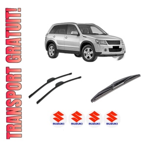 Set 3 stergatoare SUZUKI GRAND VITARA II (JT, TE, TD) din 2005-2015, pentru parbriz si luneta fata si spate auto, Bosch Twin-Aerotwin Retrofit, din cauciuc siliconat rezistent, 4 Stickere Auto SUZUKI