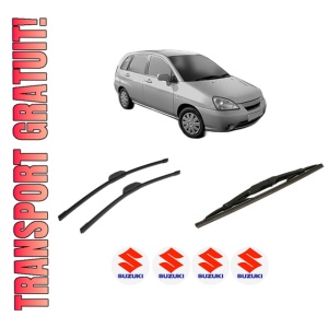 Set 3 stergatoare SUZUKI LIANA Hatchback din 2001-2007, pentru parbriz si luneta fata si spate auto, Bosch Twin-Aerotwin Retrofit, din cauciuc siliconat rezistent, 4 Stickere Auto SUZUKI