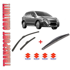 Set 3 stergatoare SUZUKI SX4 S-CROSS (JY) din 2013 - 2022, pentru parbriz si luneta fata si spate auto, Bosch Twin, din cauciuc siliconat rezistent, 4 Stickere Auto SUZUKI