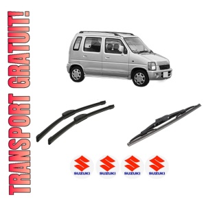 Set 3 stergatoare SUZUKI WAGON R+ Hatchback (EM) din 1998-2000, pentru parbriz si luneta fata si spate auto, Bosch Twin-Aerotwin Retrofit, din cauciuc siliconat rezistent, 4 Stickere Auto SUZUKI
