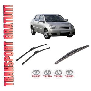Set 3 stergatoare TOYOTA COROLLA (_E12_) din 2001-2007, pentru parbriz si luneta fata si spate auto, Bosch Twin-Aerotwin Retrofit, din cauciuc siliconat rezistent, 4 Stickere Auto TOYOTA