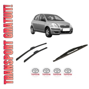 Set 3 stergatoare TOYOTA YARIS (_P1_) din 1999-2005, pentru parbriz si luneta fata si spate auto, Bosch Twin-Aerotwin Retrofit, din cauciuc siliconat rezistent, 4 Stickere Auto TOYOTA