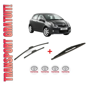 Set 3 stergatoare TOYOTA YARIS (_P9_) din 2005 - 2014, pentru parbriz si luneta fata si spate auto, Bosch Twin, din cauciuc siliconat rezistent, 4 Stickere Auto TOYOTA