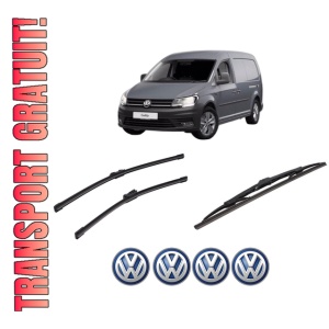 Set 3 stergatoare Volkswagen CADDY III Box Body/MPV (2KA, 2KH, 2CA, 2CH) din 2004-2015, pentru parbriz si luneta fata si spate auto, Bosch Twin-Aerotwin, din cauciuc siliconat rezistent, 4 Stickere Auto Volkswagen