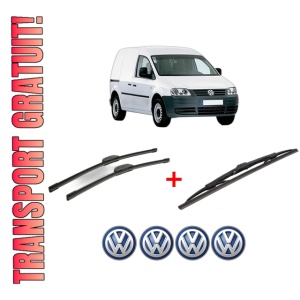 Set 3 stergatoare Volkswagen CADDY III MPV (2KB, 2KJ, 2CB, 2CJ) din 2004 - 2015, pentru parbriz si luneta fata si spate auto, Bosch Twin, din cauciuc siliconat rezistent, 4 Stickere Auto VW