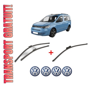 Set 3 stergatoare Volkswagen CADDY IV Box Body/MPV (SAA, SAH) din 2015 - 2020, pentru parbriz si luneta fata si spate auto, Valeo Silencio Xtrm, din cauciuc siliconat rezistent, 4 Stickere Auto VW