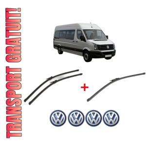 Set 3 stergatoare Volkswagen CRAFTER 30-35 Bus (2E_) din 2006 - 2016, pentru parbriz si luneta fata si spate auto, Valeo Silencio Xtrm, din cauciuc siliconat rezistent, 4 Stickere Auto VW