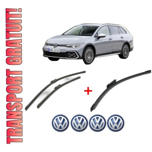 Set 3 stergatoare Volkswagen GOLF ALLTRACK VIII (CG5) din 2020 - 2024, pentru parbriz si luneta fata si spate auto, Bosch Aerotwin, din cauciuc siliconat rezistent, 4 Stickere Auto VW