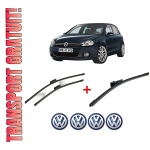Set 3 stergatoare Volkswagen GOLF VI Van (5K1) din 2008 - 2012, pentru parbriz si luneta fata si spate auto, Bosch Aerotwin, din cauciuc siliconat rezistent, 4 Stickere Auto VW