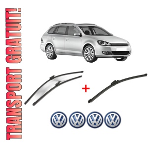 Set 3 stergatoare Volkswagen GOLF VI Variant (AJ5) din 2009 - 2013, pentru parbriz si luneta fata si spate auto, Valeo Silencio Xtrm, din cauciuc siliconat rezistent, 4 Stickere Auto VW