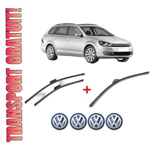 Set 3 stergatoare Volkswagen GOLF VI Variant (AJ5) din 2009 - 2013, pentru parbriz si luneta fata si spate auto, Bosch Aerotwin, din cauciuc siliconat rezistent, 4 Stickere Auto VW