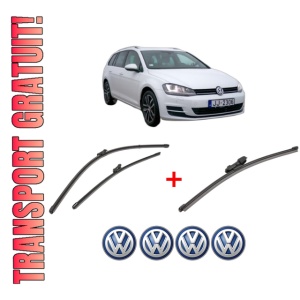 Set 3 stergatoare Volkswagen GOLF VII Variant (BA5, BV5) din 2013 - 2021, pentru parbriz si luneta fata si spate auto, Valeo Silencio Xtrm, din cauciuc siliconat rezistent, 4 Stickere Auto VW