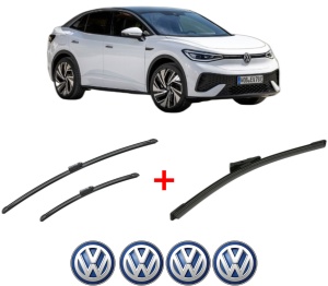 Set 3 stergatoare Volkswagen ID.5 (E39) din 2021, pentru parbriz si luneta fata si spate auto, Bosch Aerotwin, din cauciuc siliconat rezistent, 4 Stickere Auto VW v2843